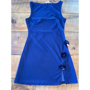 NWT Womens Cider Navy Blue Sleeveless Mini Dress Flower Detail Slit Size Small‎